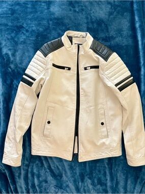 Men's White Bomber Jacket with Black Quilted Accents